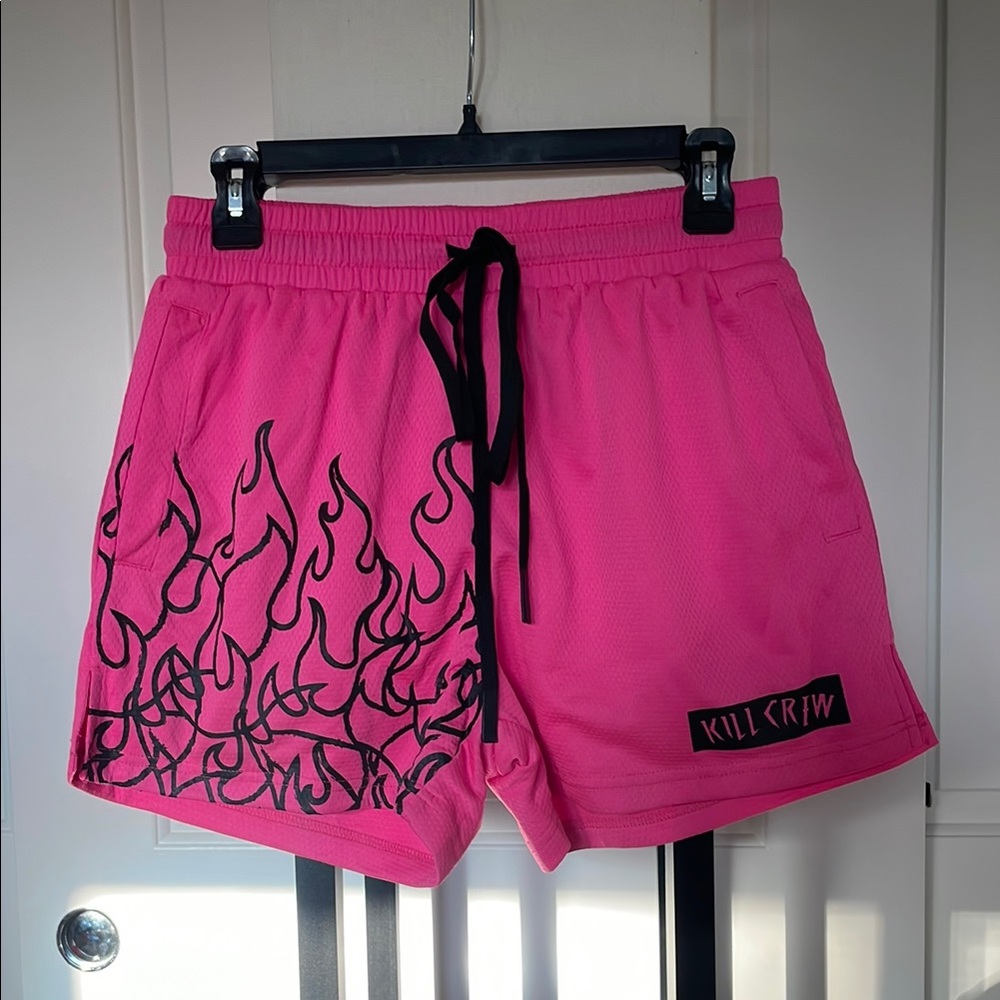 Kill Crew Pink and Black Athletic Shorts with Flame Design
